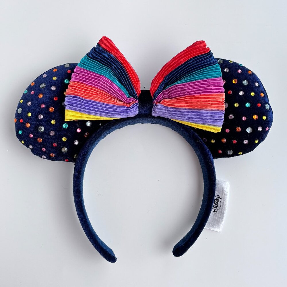 Disney jeweled Minnie ears with rainbow plisse bow
